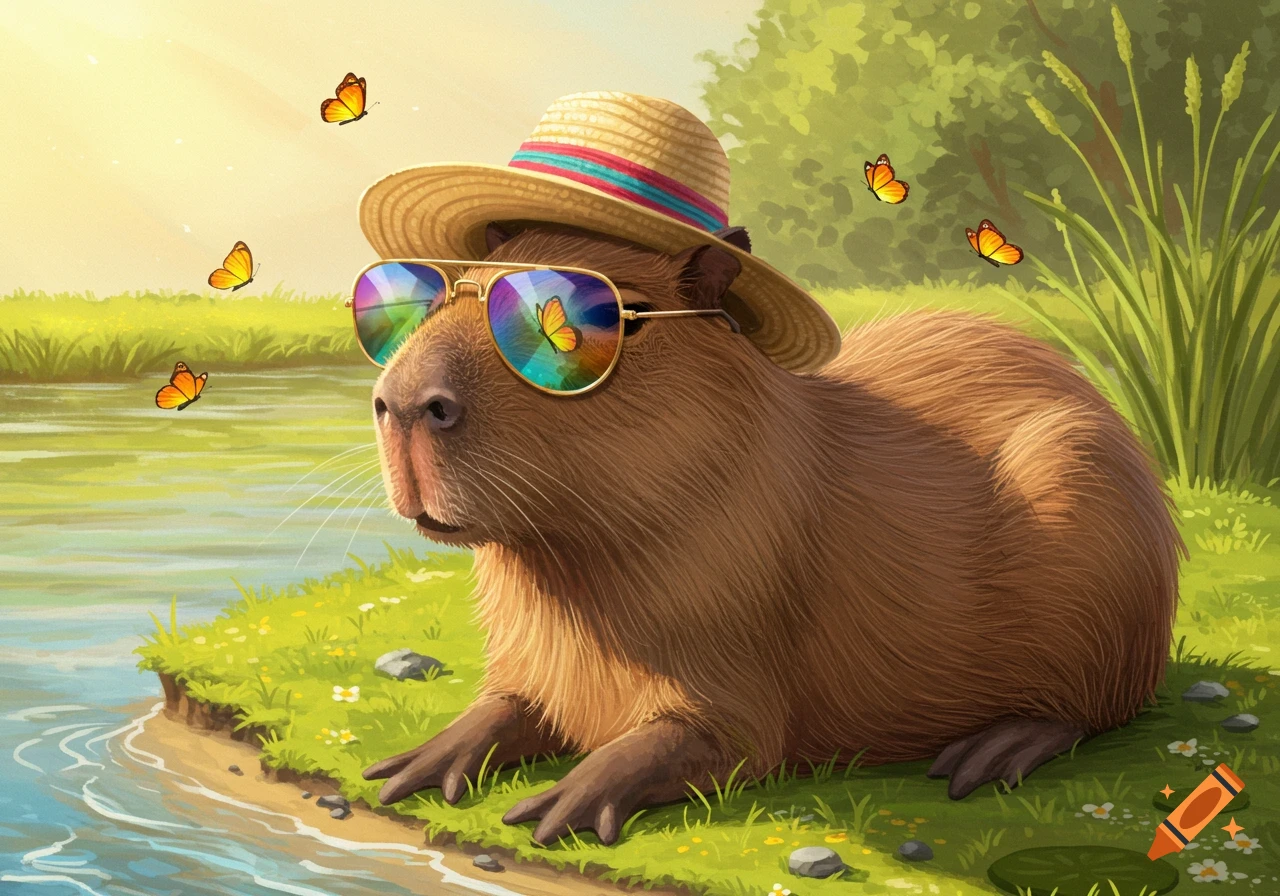 A capybara wearing a straw hat and colorful sunglasses sits by a calm river bank with butterflies flying around in a sunny illustration.