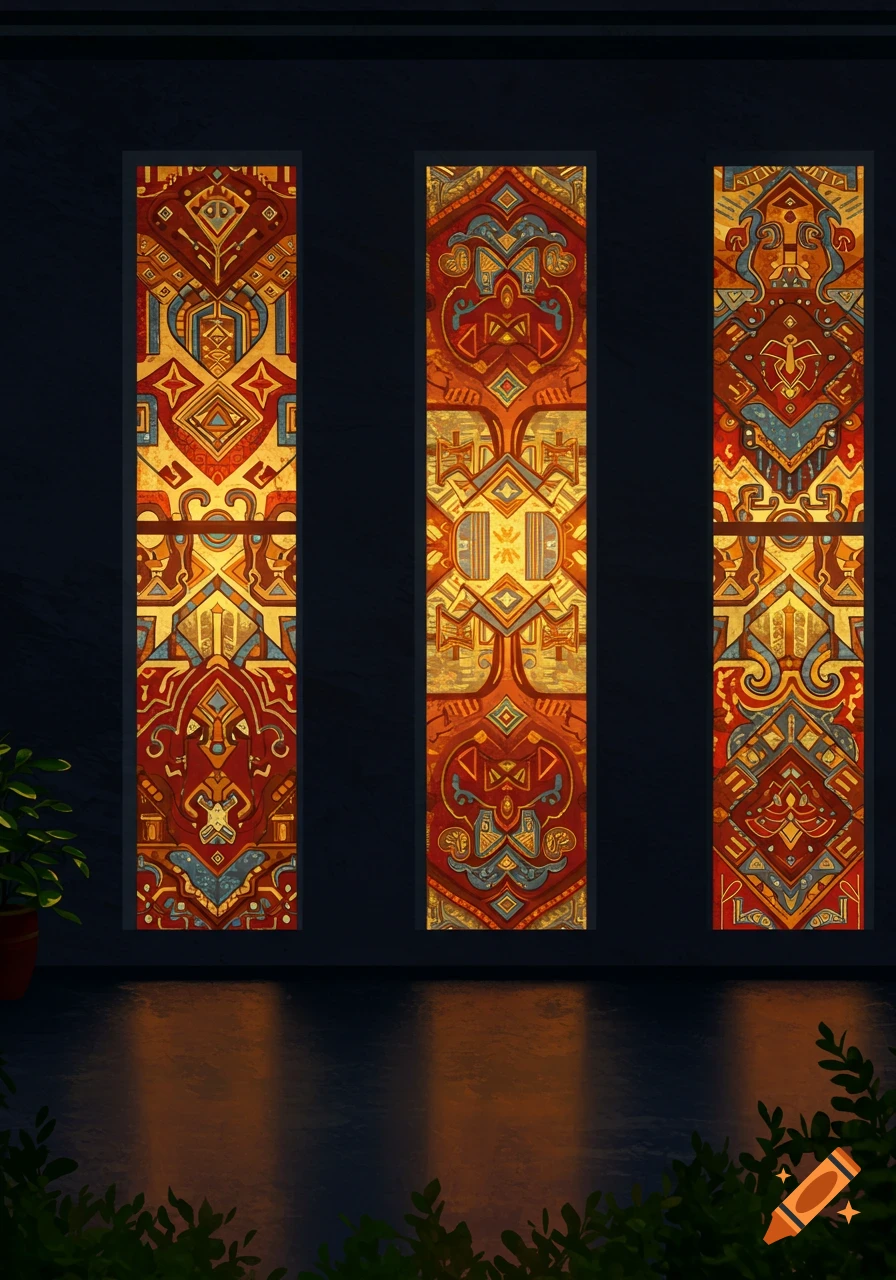 Three long rectangular windows featuring intricate, colorful abstract patterns in red, gold, and blue, set in a dark wall.