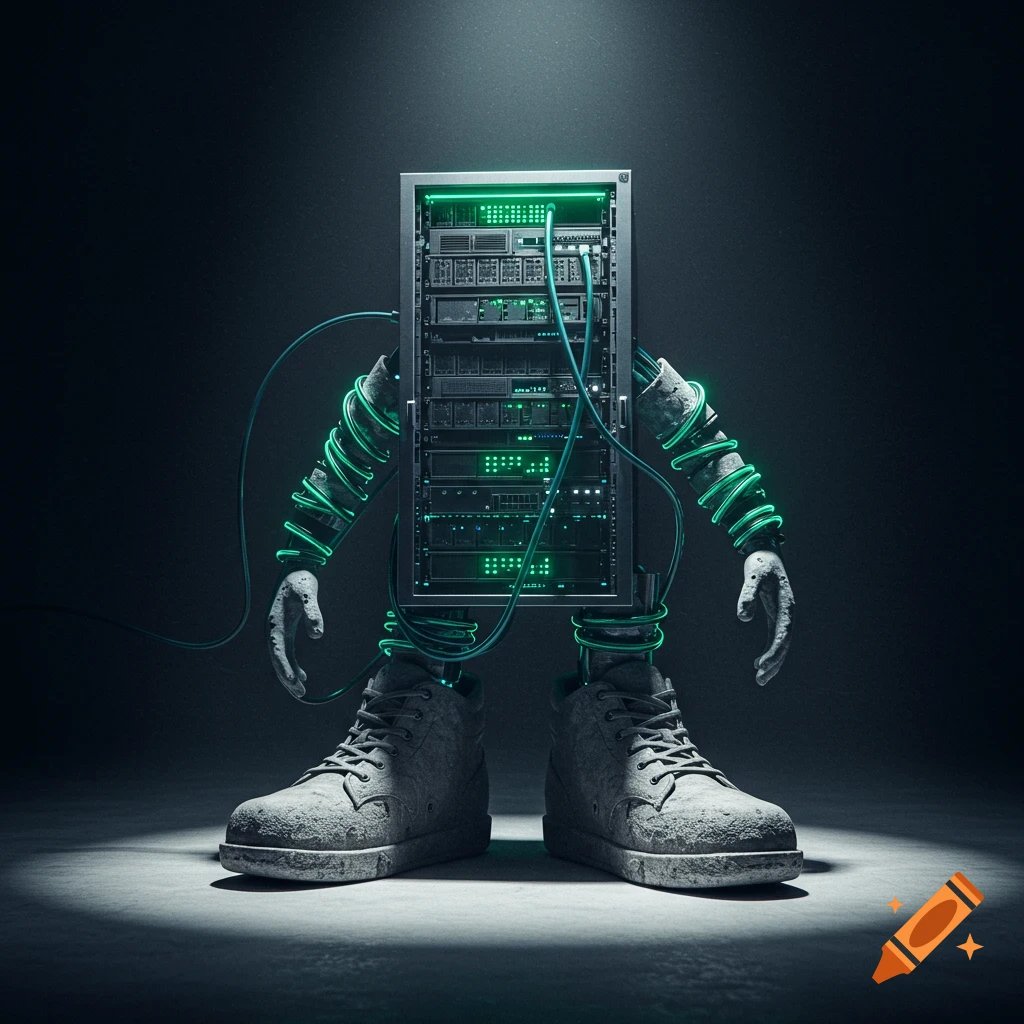 A server rack with concrete limbs and shoes, wrapped in glowing green cables, stands in a dark, spotlighted room.