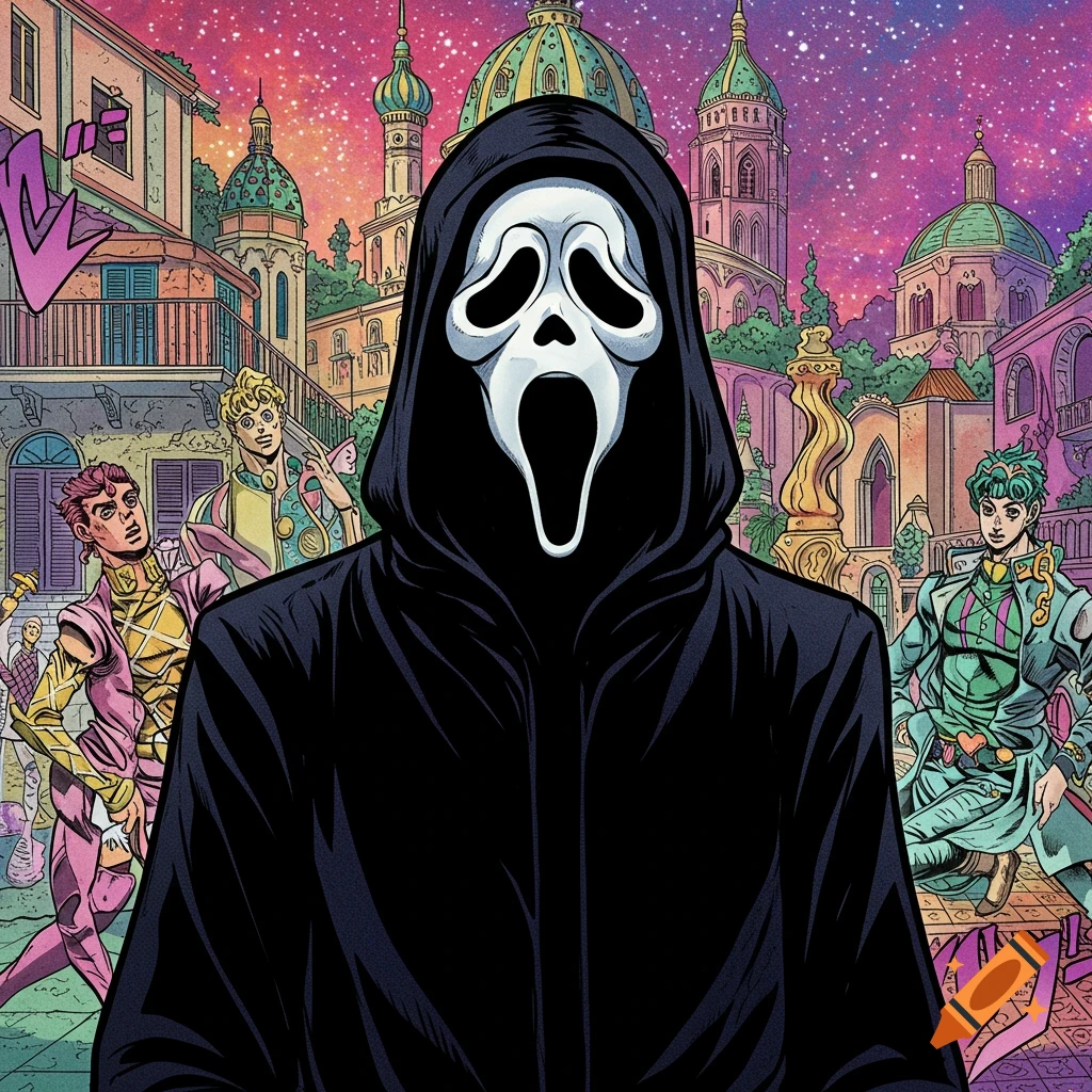 Ghostface in the distinctive art style of JoJo's Bizarre Adventure Part 5, with anime characters and city background.