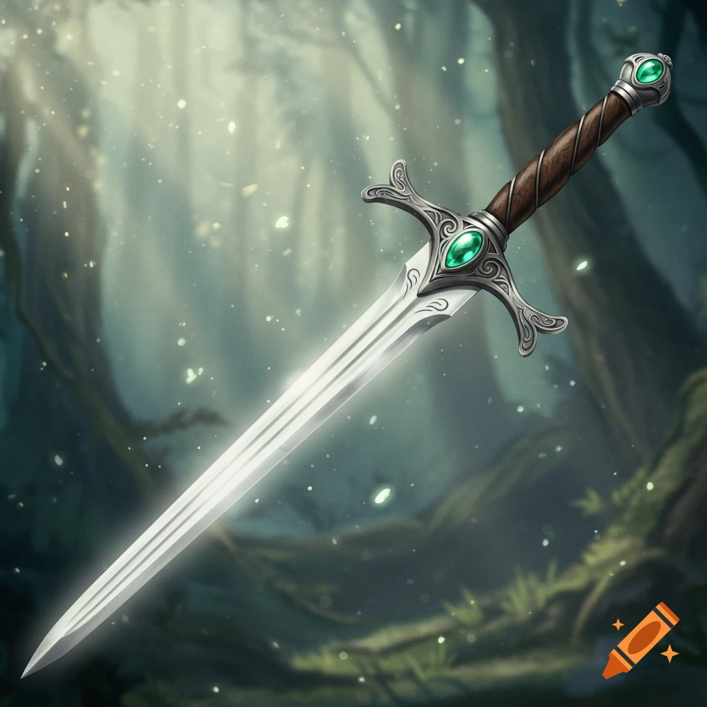 Detailed fantasy longsword with a silver blade and ornate hilt with green gems, in a mystical forest.