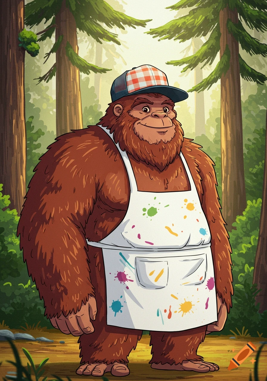 A friendly cartoon Sasquatch in a plaid trucker hat and paint-splattered apron stands smiling in a forest.