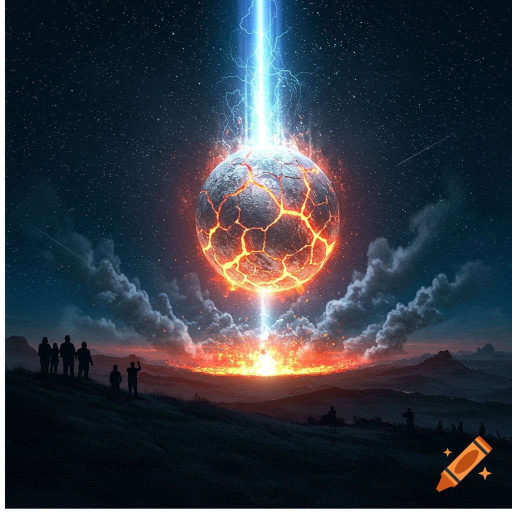 A large cracked, glowing sphere crashes into a dark landscape at night, illuminated by a bright beam, with silhouetted observers.