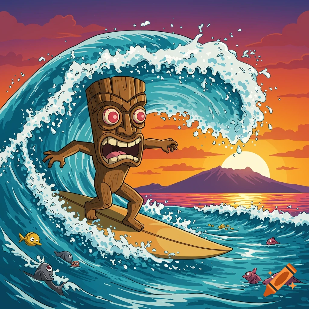 A cartoon tiki character with wide eyes and open mouth surfs a large ocean wave at sunset, with a mountain in the background.