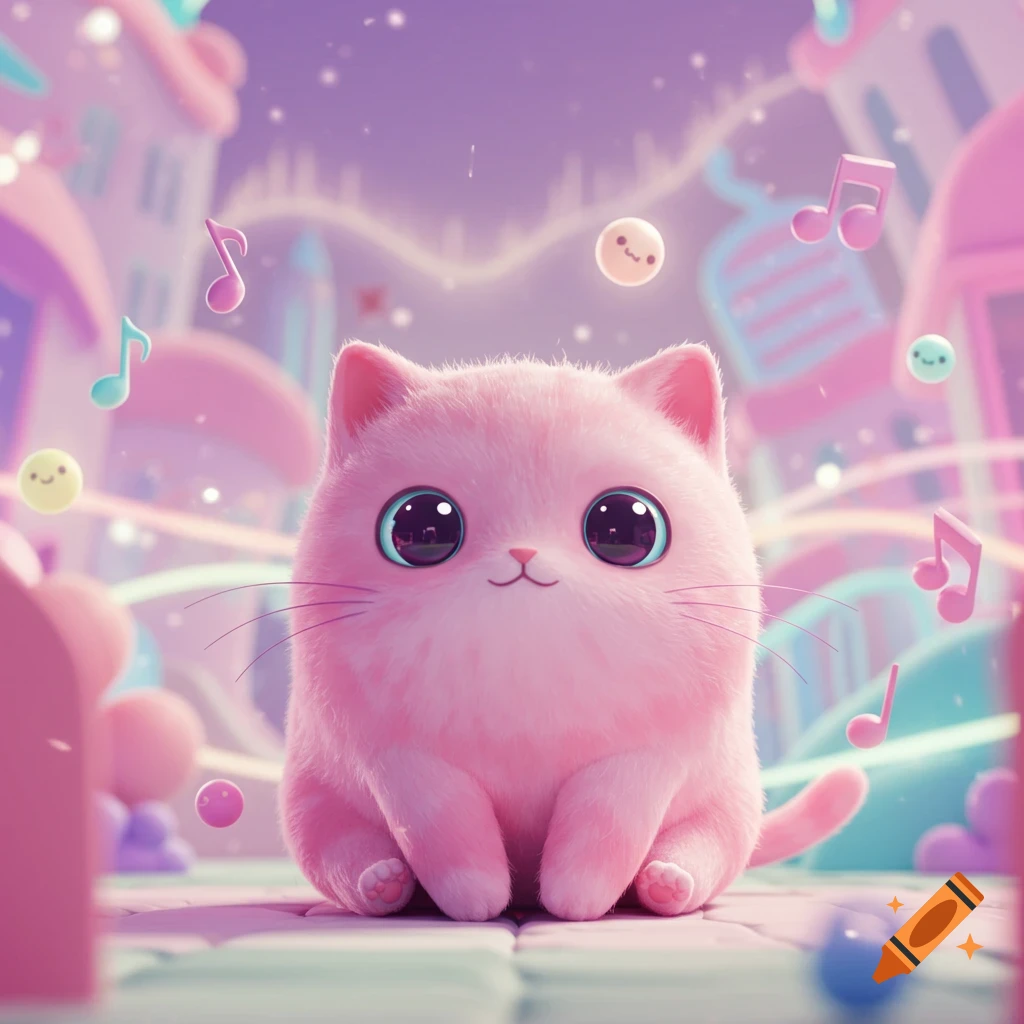 A fluffy pink cartoon cat with large shiny eyes sitting in a pastel, whimsical town with floating musical notes.