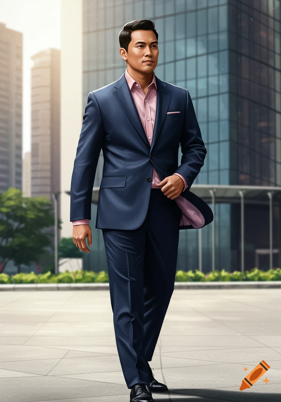 A photorealistic image of a Filipino man in a navy blue suit and pink shirt, walking on a city street with modern buildings in the background.