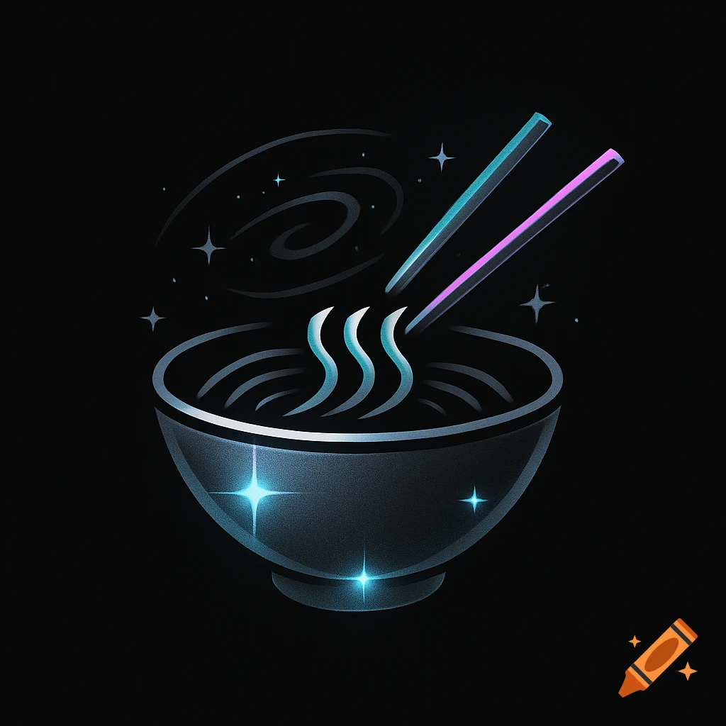 A futuristic ramen logo featuring a dark bowl with glowing blue noodles and neon chopsticks, surrounded by stars and a galaxy swirl.