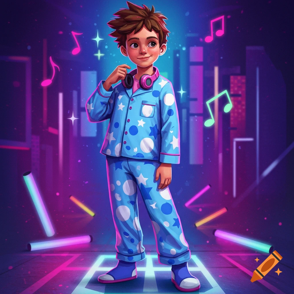 A smiling cartoon boy in blue pajamas with stars and circles, wearing pink headphones, stands on a glowing grid amidst floating musical notes and neon lights.