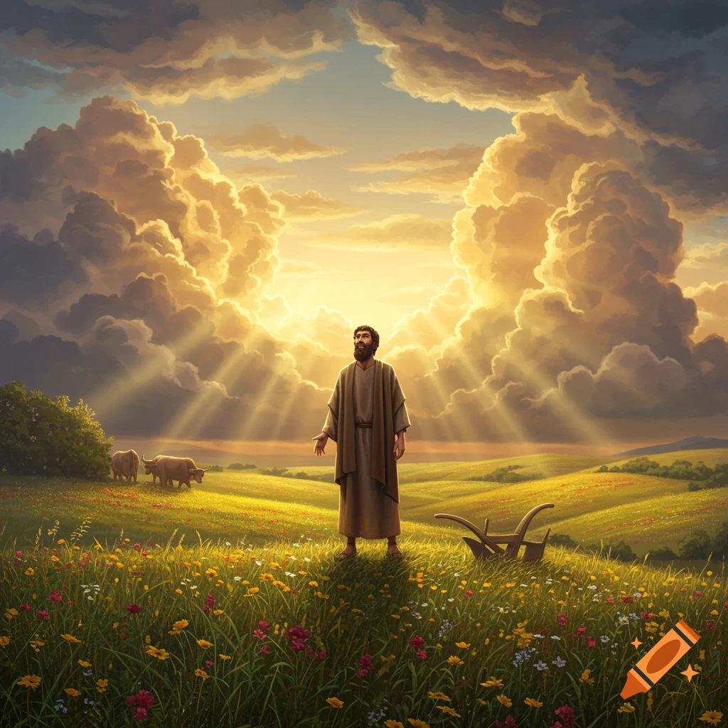 A bearded man in ancient robes stands in a vibrant wildflower field, looking at golden sun rays breaking through dramatic clouds.