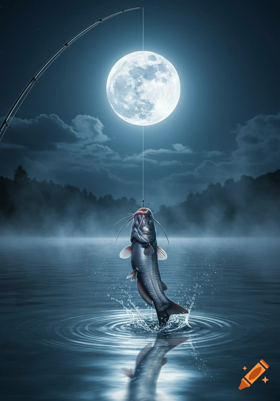 A catfish leaps from the water, hooked on a fishing line under a large, bright full moon in a misty night landscape.