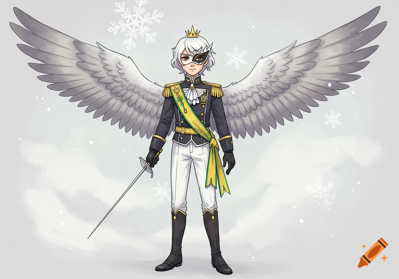 A cartoon drawing of a white-haired, winged character in a princely military uniform, holding a rapier, amidst falling snowflakes.