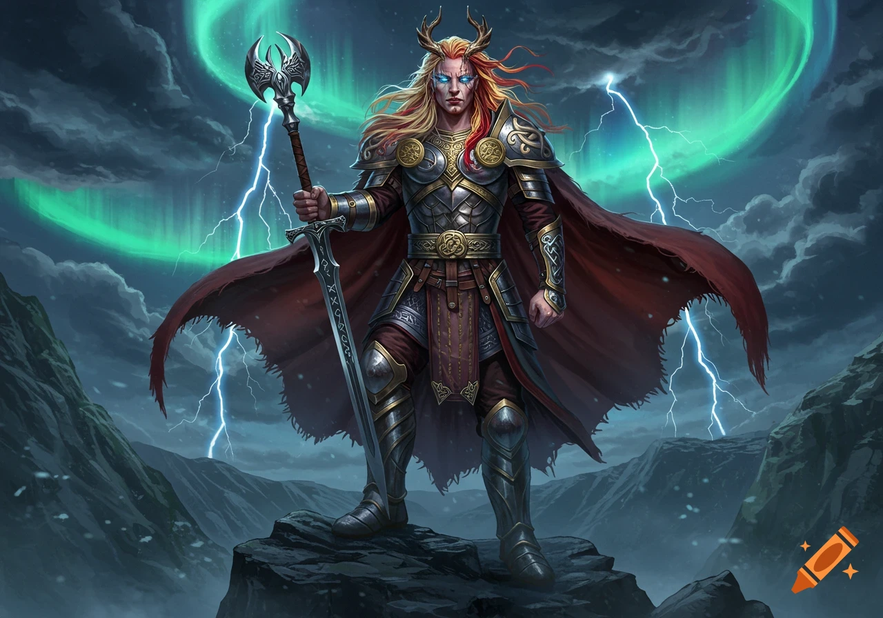A powerful male warrior in ornate armor with antlers, holding a large sword and axe, stands on a rocky outcrop against a stormy sky with green aurora and lightning.