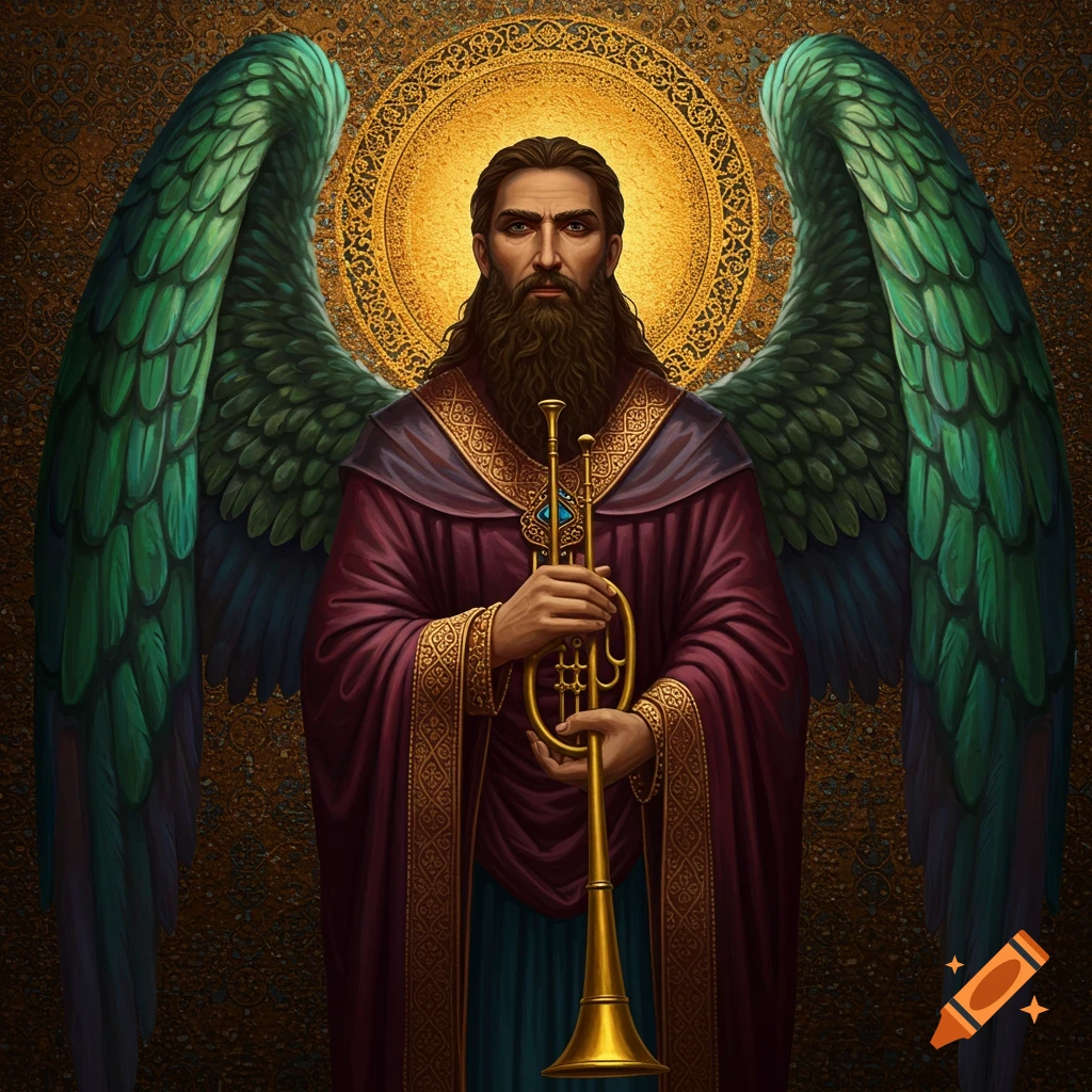 A stern, bearded angel in a purple robe with green wings and a golden halo holds a trumpet against a gold Byzantine mosaic background.
