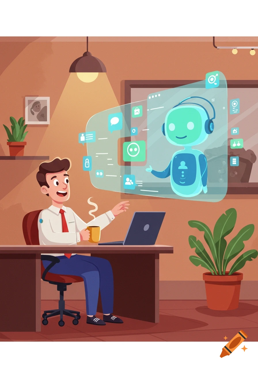 Cartoon illustration of a man at a desk with a laptop, interacting with a holographic AI robot showing various icons.