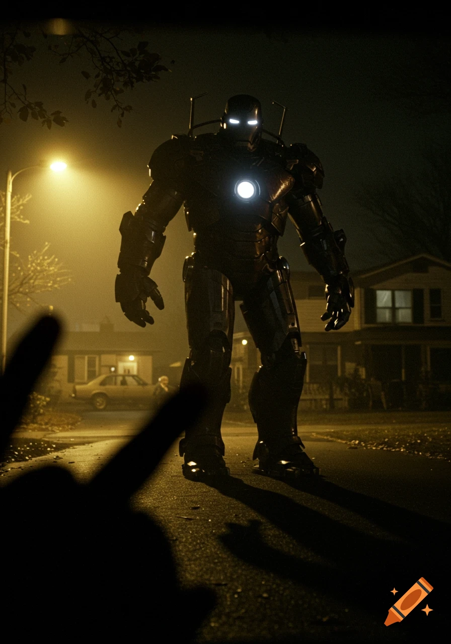 A giant, dark robot with glowing eyes and chest stands on a suburban street at night, illuminated by a streetlight, captured in a blurry, grainy photo with fingers in the foreground.