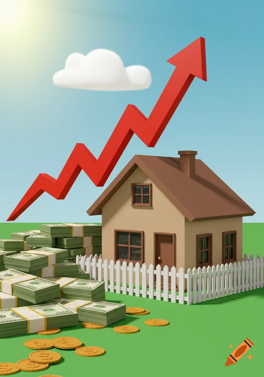 Stylized 3D illustration of a house with stacks of money and gold coins, featuring a large red upward arrow against a blue sky, symbolizing financial growth.