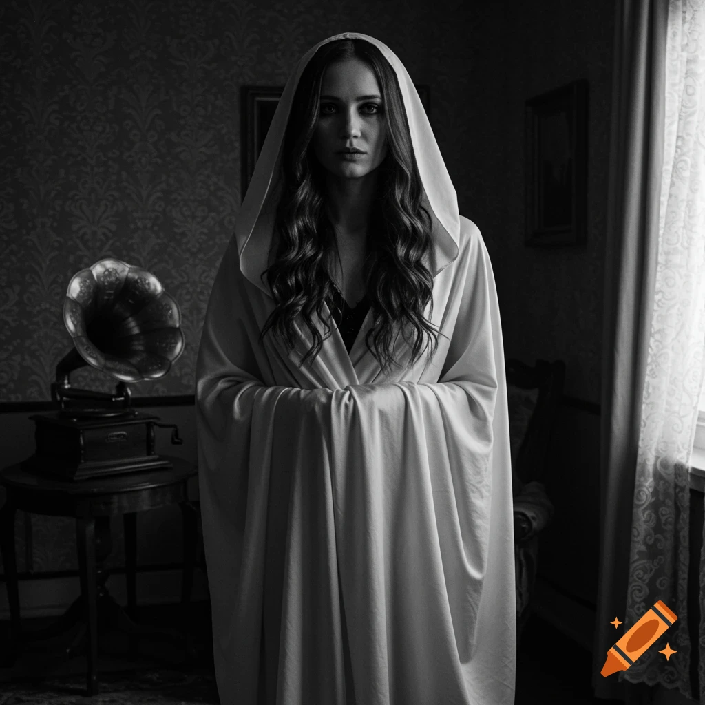 Black and white vintage photo of a woman in a hooded robe standing in a dimly lit room with a gramophone.