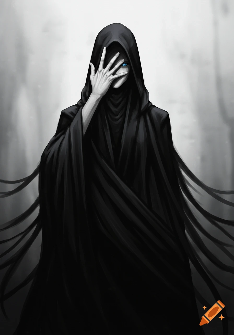 A mysterious figure in a black hooded robe covers their face with a hand, revealing a single glowing blue eye.