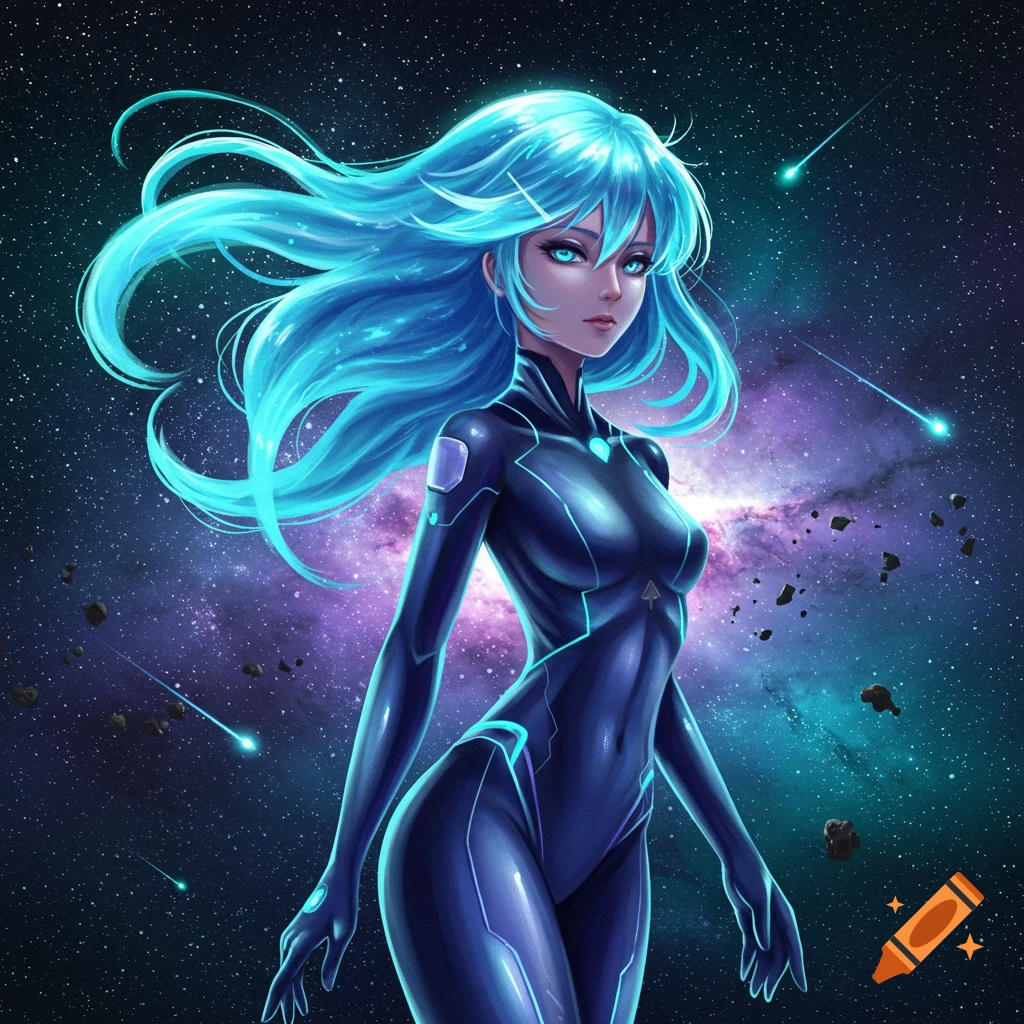 An anime girl with long, glowing blue hair and a dark blue futuristic suit stands in outer space with a galaxy and asteroids.