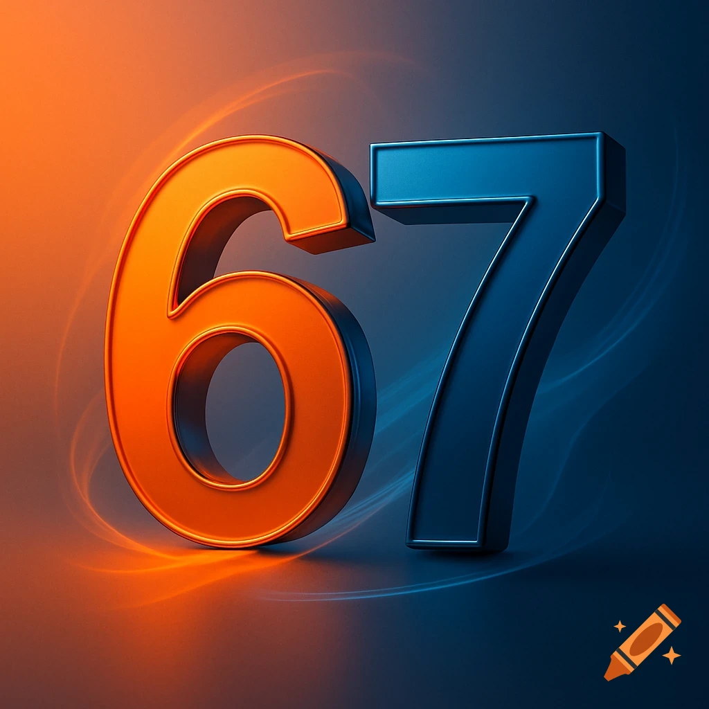 Large 3D orange number 6 and blue number 7 with atmospheric lighting and reflections.