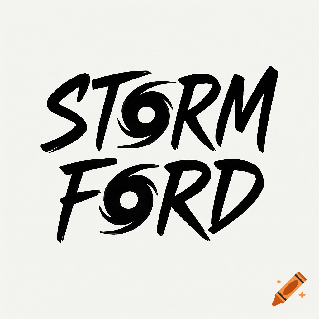 Black brush stroke text spelling STORM FORD with hurricane symbols replacing the letter 'o's on a white background.