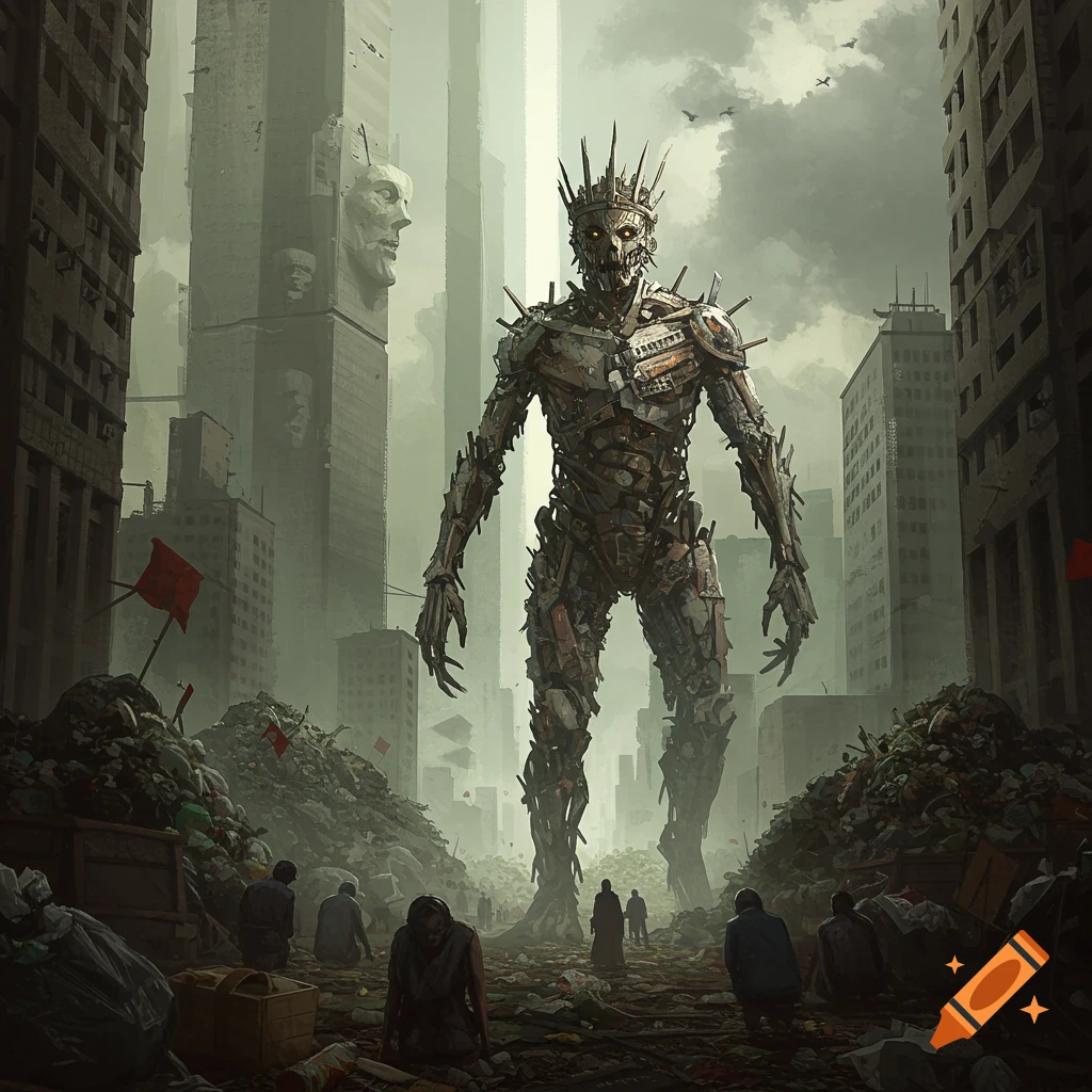 A large, imposing monster made of scrap metal stands over small figures in a ruined city filled with garbage under a desolate sky, in a dark, dystopian art style.