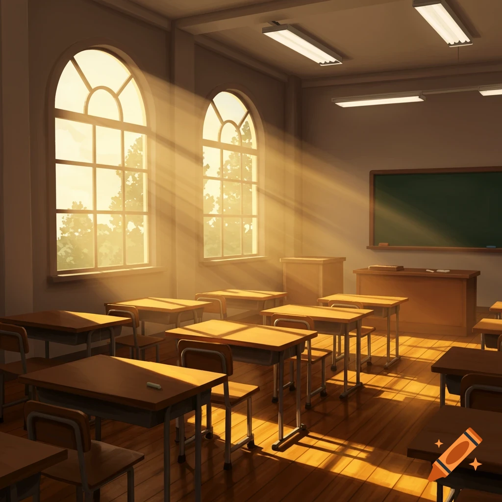An empty anime-style classroom filled with bright sun rays streaming through large arched windows in the morning.
