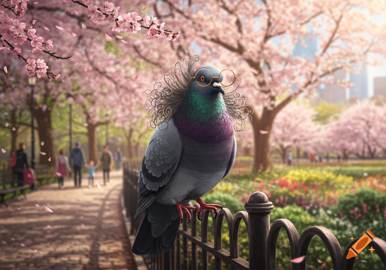 A whimsical pigeon with curly hair and glasses perches on a fence in a park with pink cherry blossoms and falling petals.