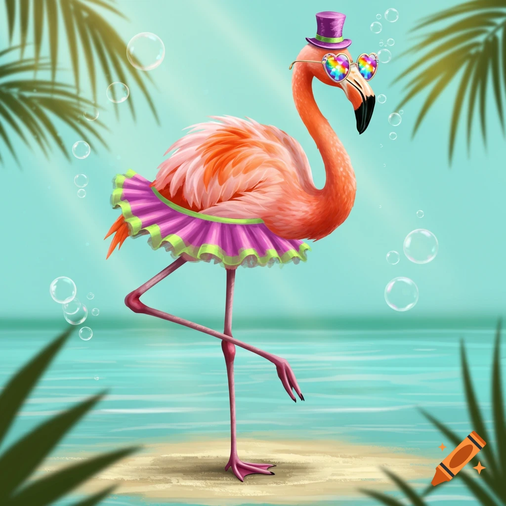 A flamingo in a purple top hat, rainbow heart sunglasses, and pink tutu stands in turquoise water with palm leaves and bubbles.