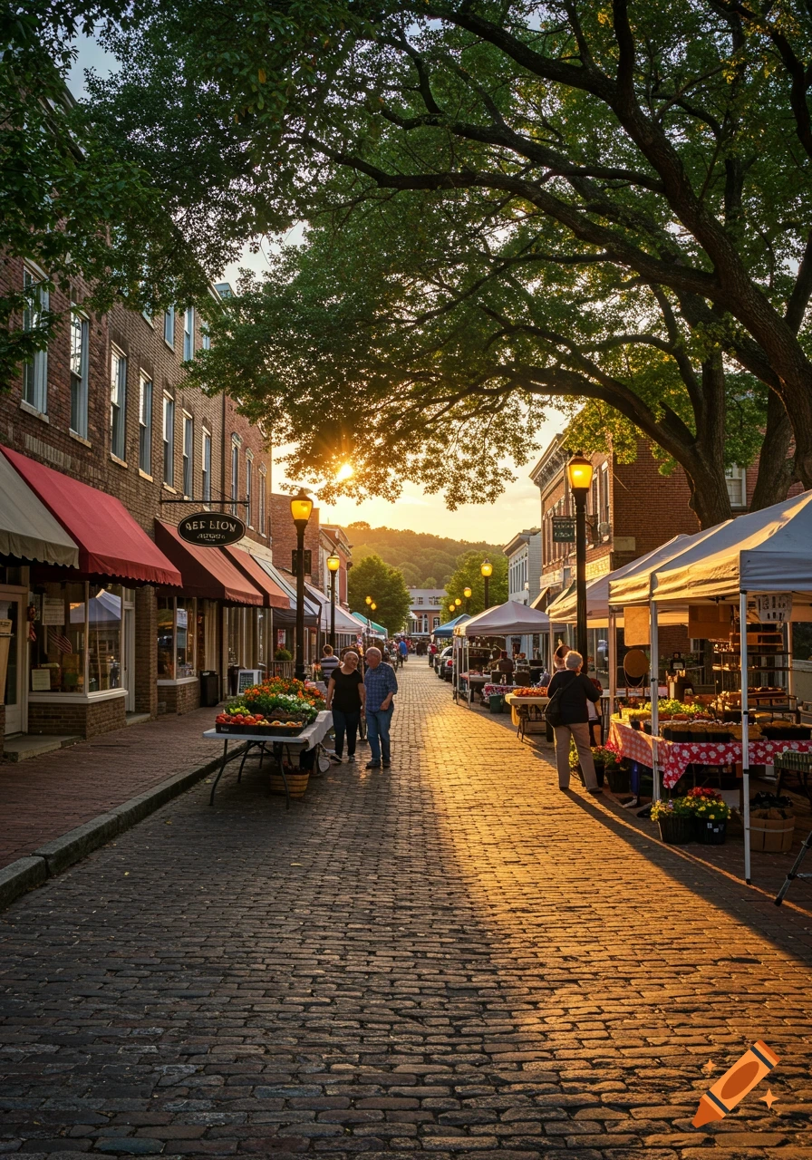 A cobblestone street market at sunset, with vendor stalls, people, and old brick buildings under large trees.