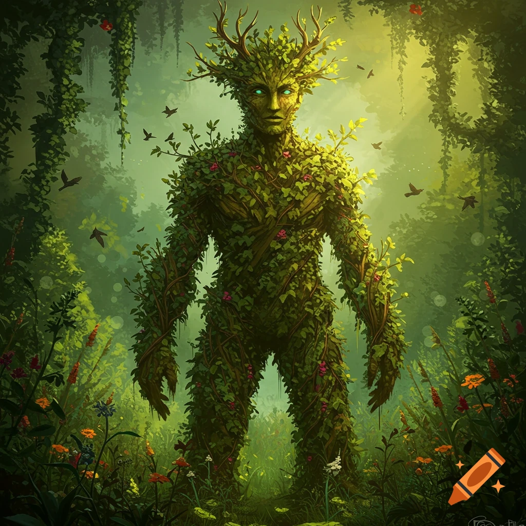 A creature made of vibrant green leaves and branches with glowing blue eyes stands in a lush, sunlit forest filled with wildflowers.