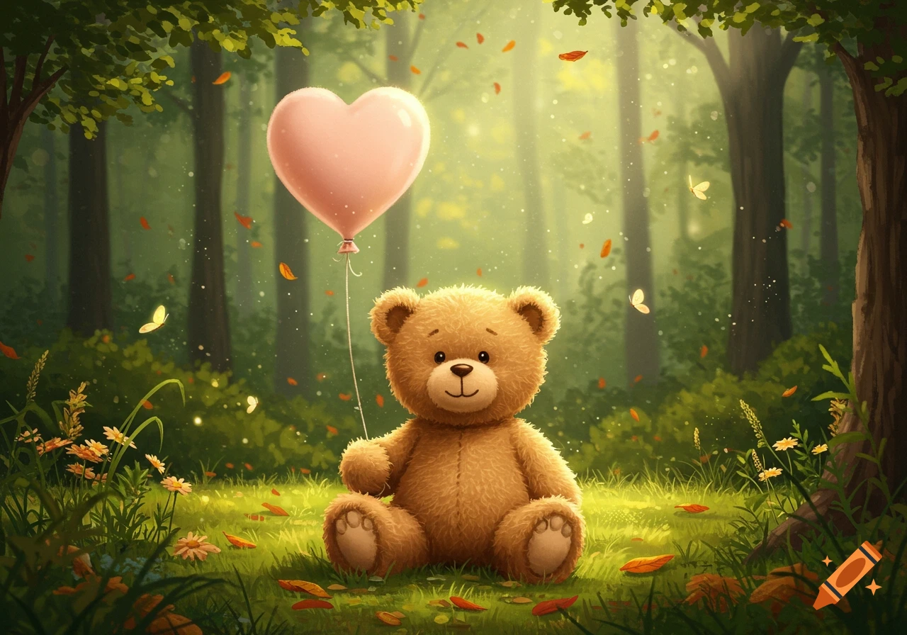 A cute brown teddy bear sits in a sunlit forest, holding a pink heart-shaped balloon.