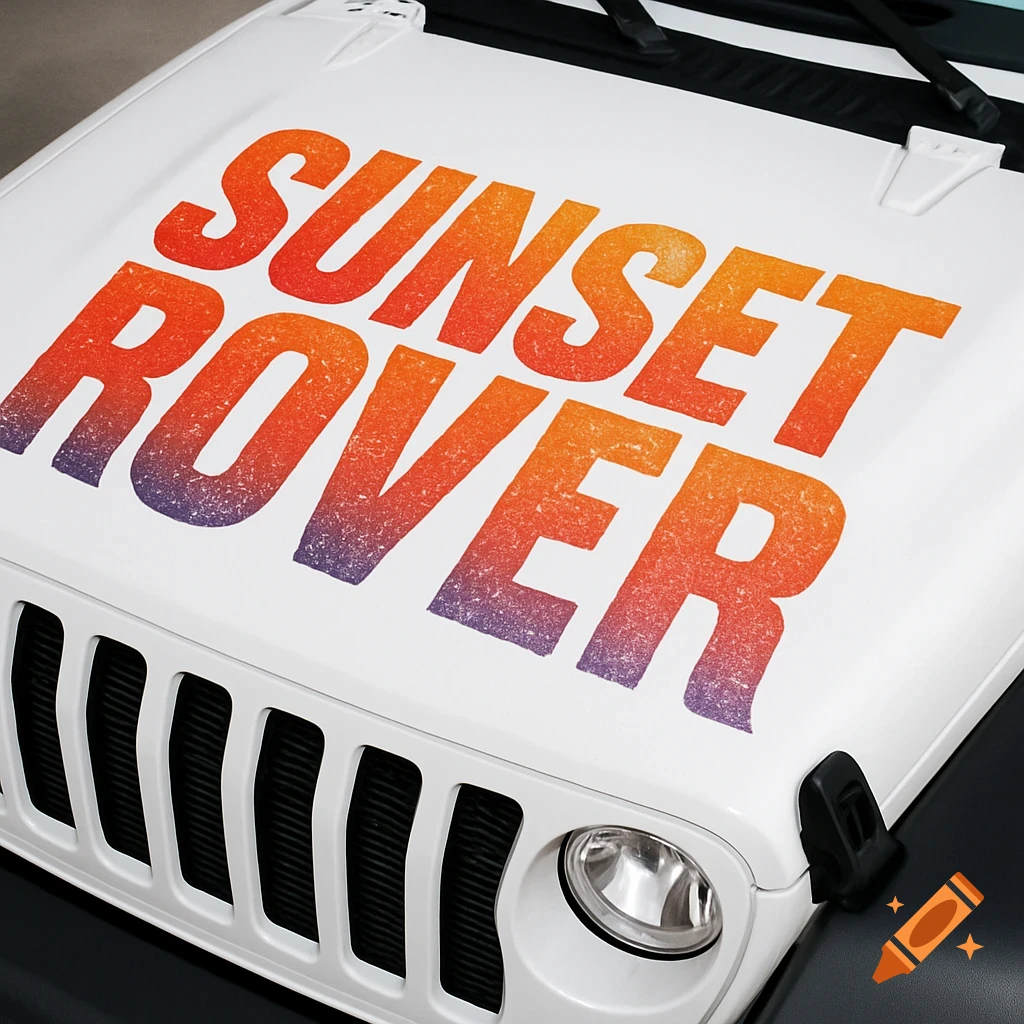 Close-up of a white Jeep Wrangler hood with a distressed 'SUNSET ROVER' decal in orange and purple gradient colors.