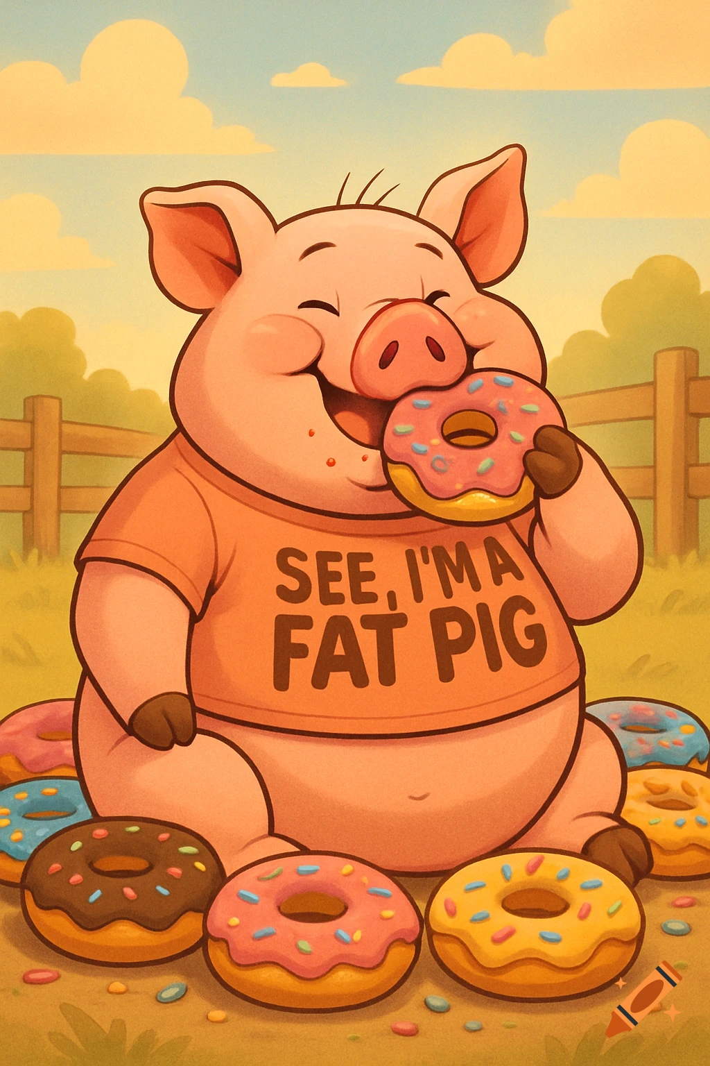 A happy cartoon pig in an orange shirt that says 'SEE, I'M A FAT PIG' eats a pink donut, surrounded by colorful donuts in a field.