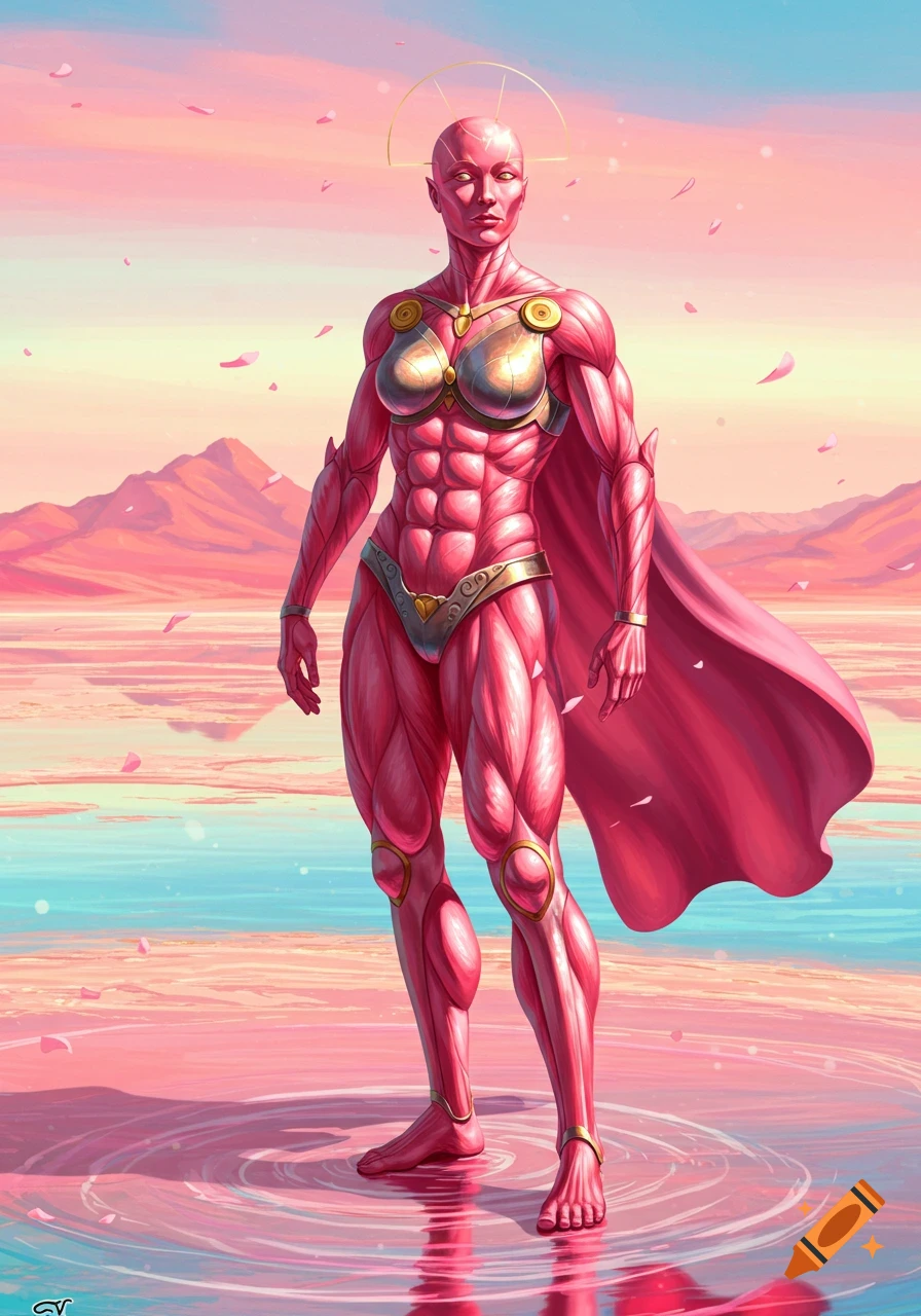 A muscular, pink-skinned woman with a golden halo and cape stands in shallow pink water against a pink and blue sky.