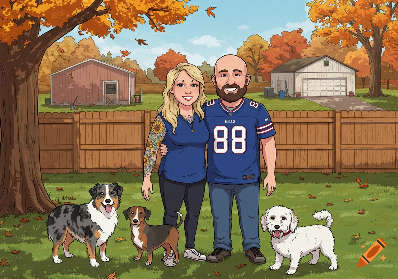 A cartoonish couple in a fall backyard with three dogs. The man wears a Buffalo Bills jersey, and the woman has a sunflower tattoo sleeve.