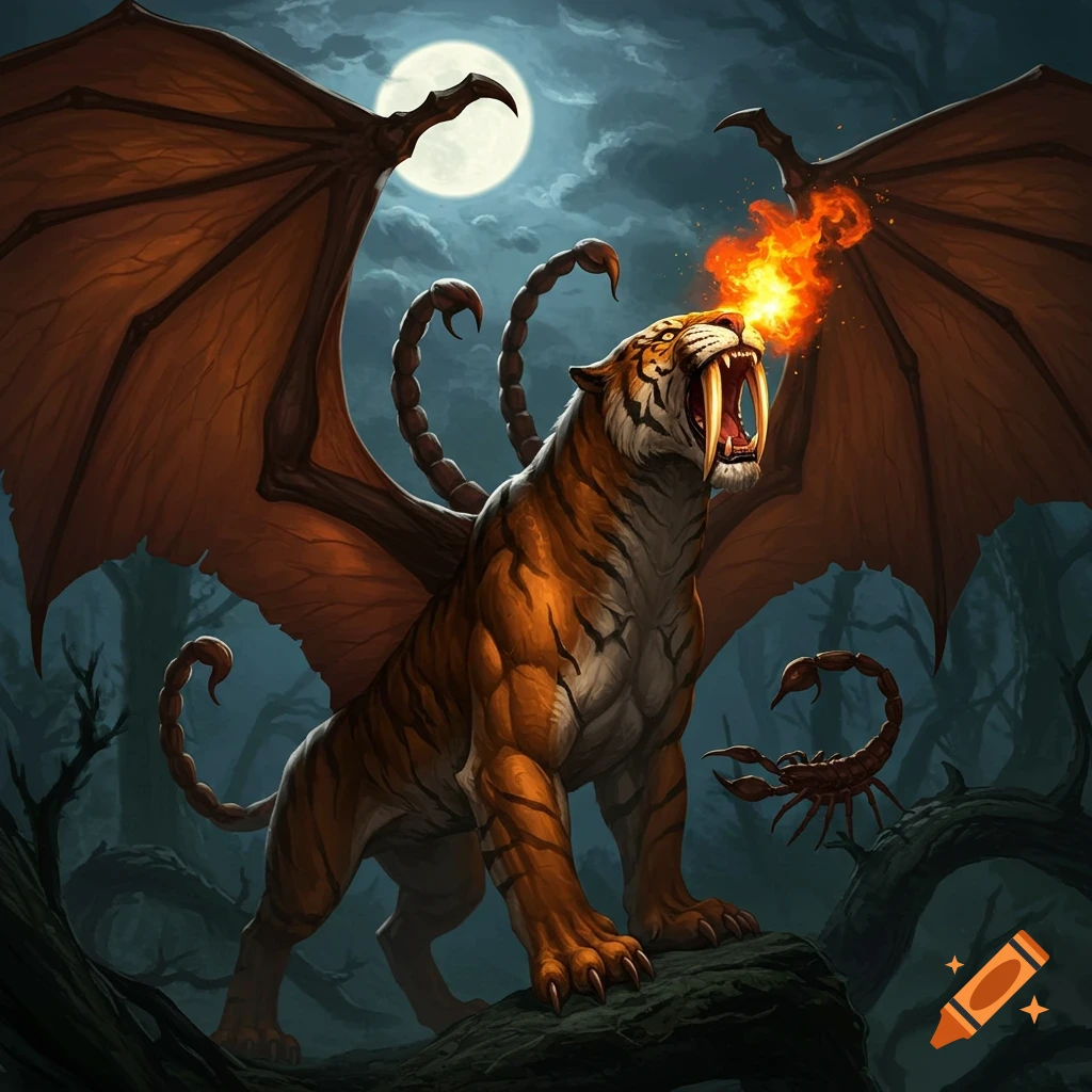 A winged saber-tooth tiger with two scorpion tails breathes fire in a moonlit forest with another scorpion.
