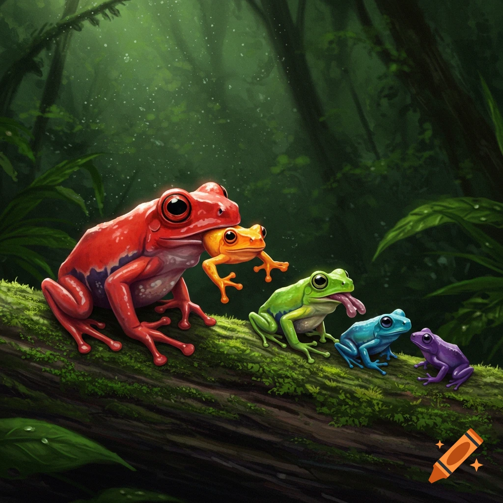 A vibrant red frog holding a smaller orange frog in its mouth, surrounded by a green, blue, and purple frog on a mossy log in a lush forest.