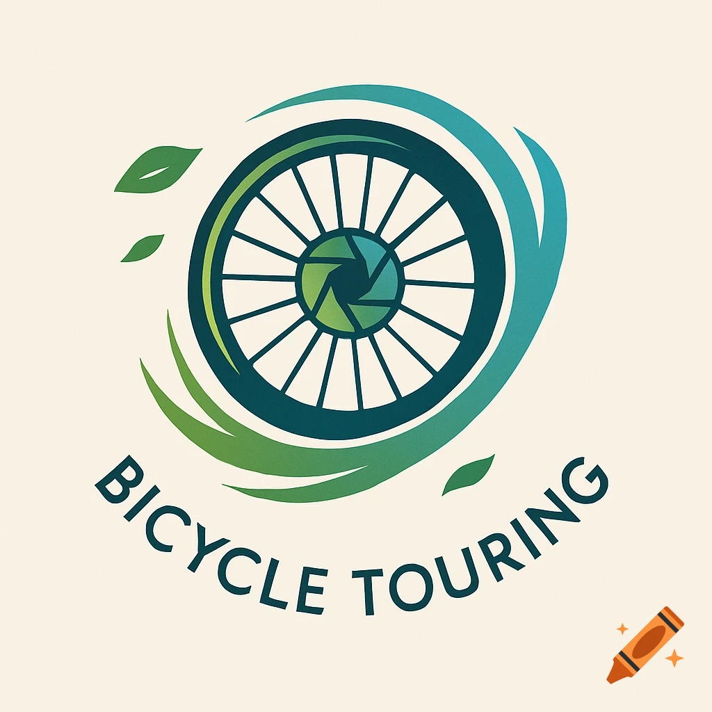 A logo featuring a bicycle wheel with a camera aperture center, surrounded by green and blue swishes, and the text BICYCLE TOURING.