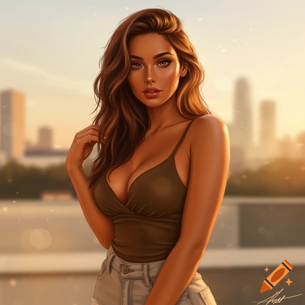 A glamorous woman with long brown hair and a tanned complexion wearing a camisole top and jeans, standing against a city sunset.