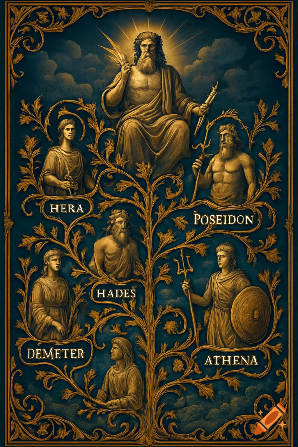 A detailed, illuminated-style illustration of a Greek gods family tree with Zeus at the top, surrounded by gold foliage and labels.