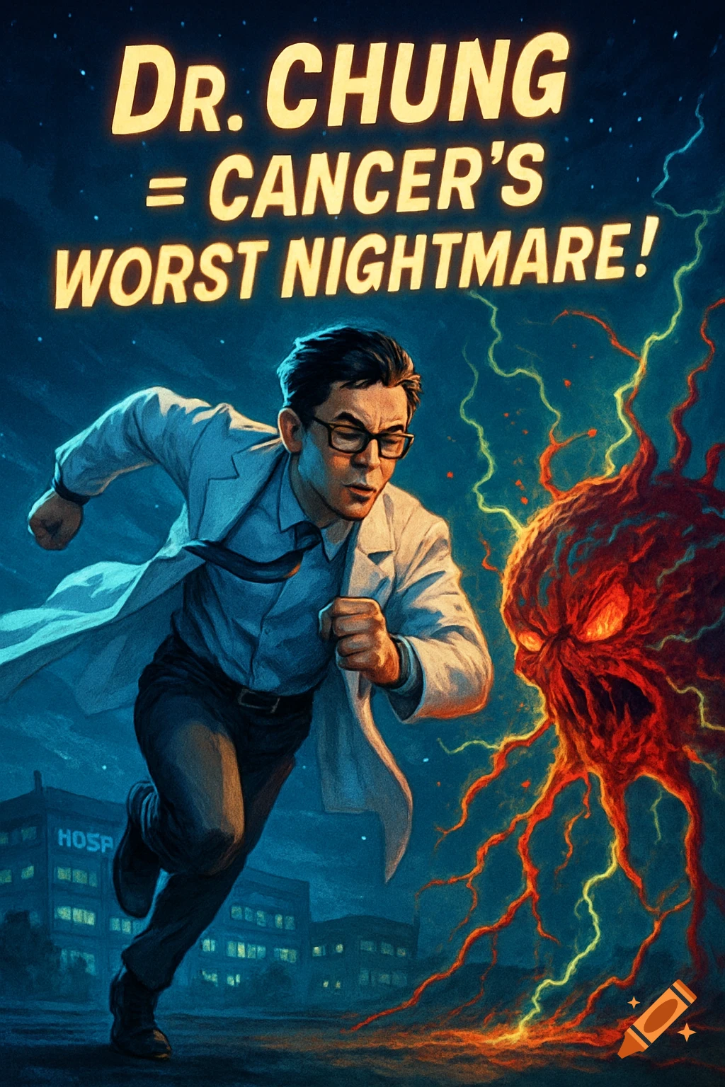An Asian oncologist doctor in a white lab coat runs towards a monstrous red cancer cell. Text says 'Dr. Chung = Cancer's Worst Nightmare!'