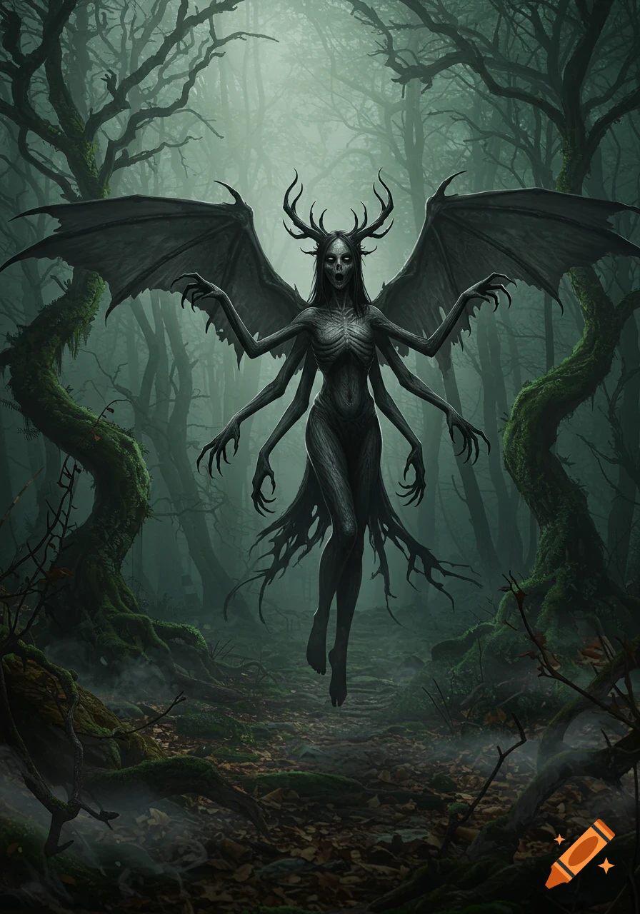 A creepy monster with multiple arms and large wings floats in a dark, misty forest. It has black eyes and antlers, with a skeletal, dark grey body and tattered tendrils forming a skirt-like lower body.