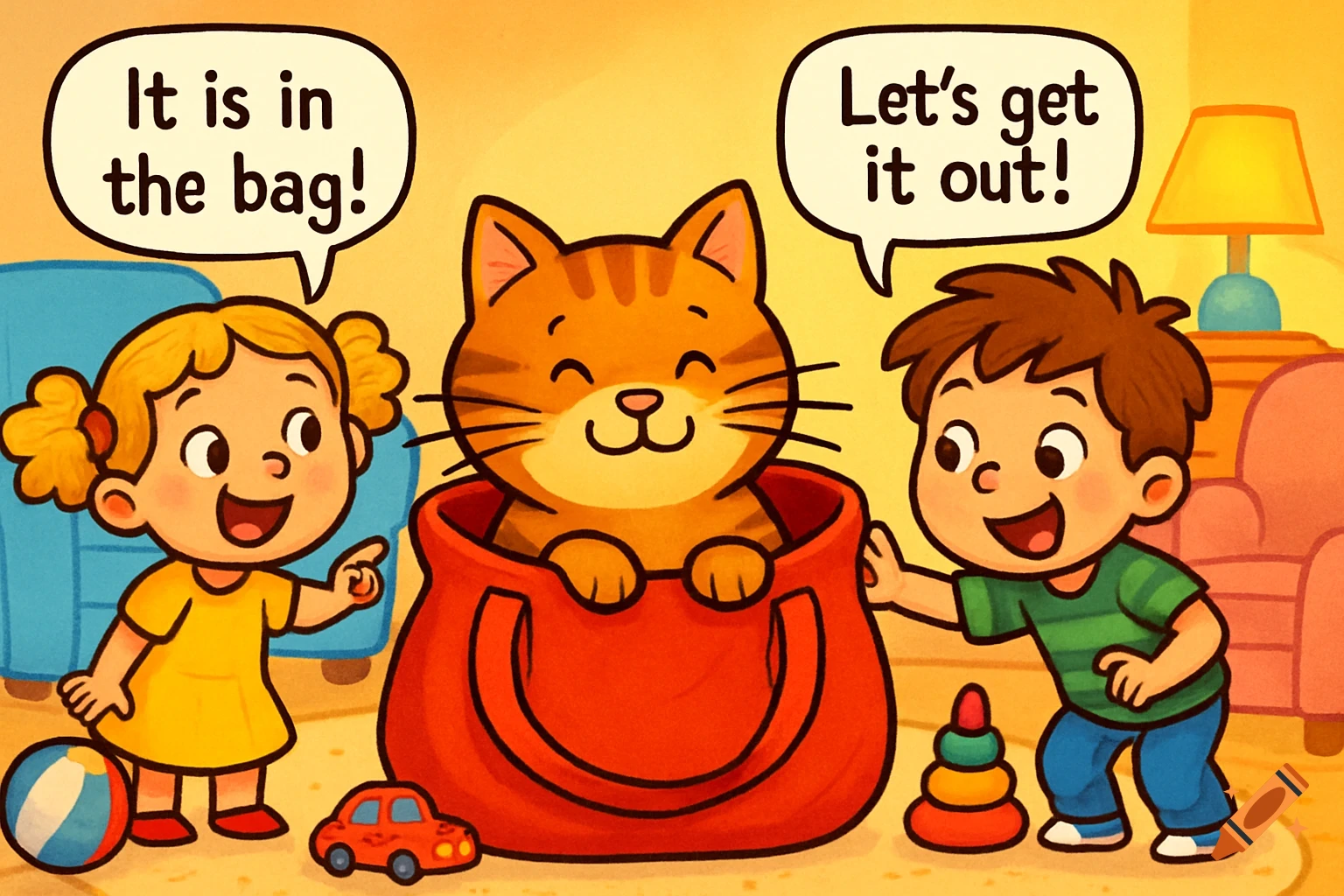 A cartoon drawing of a cat in a red bag, with a girl pointing and saying "It is in the bag!" and a boy saying "Let's get it out!" in a colorful home scene.