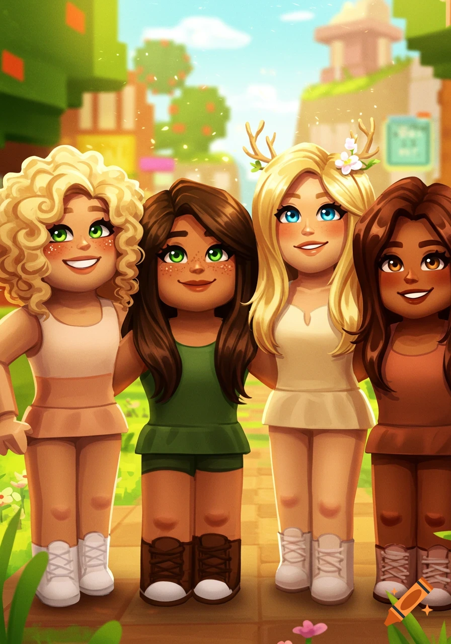Four diverse Roblox-style girls with unique features smiling together in a blocky, colorful outdoor setting.