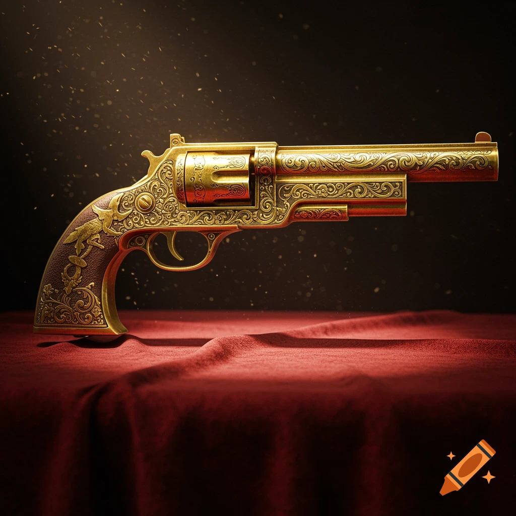 An ornate gold revolver with intricate engravings rests on a red velvet cloth.