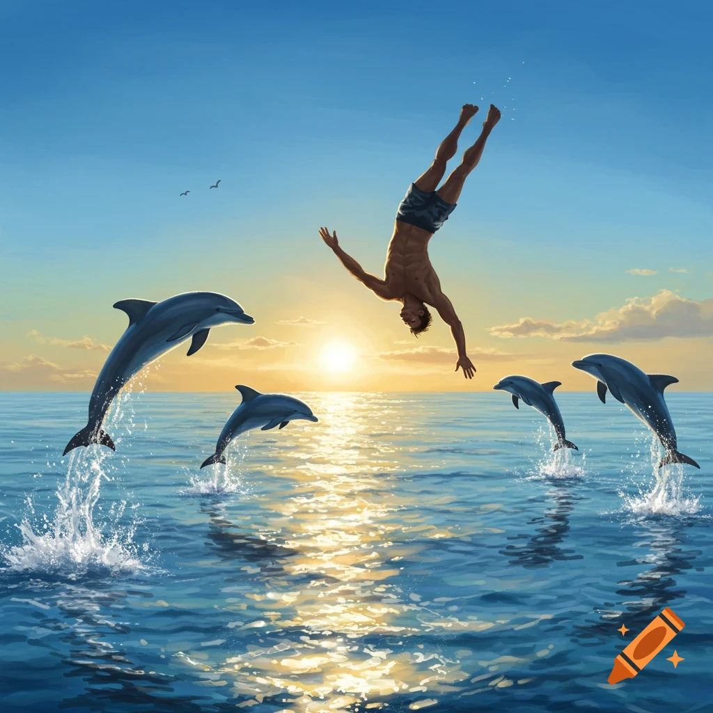 A man dives headfirst into a sunlit ocean as multiple dolphins leap out of the water around him at sunset.