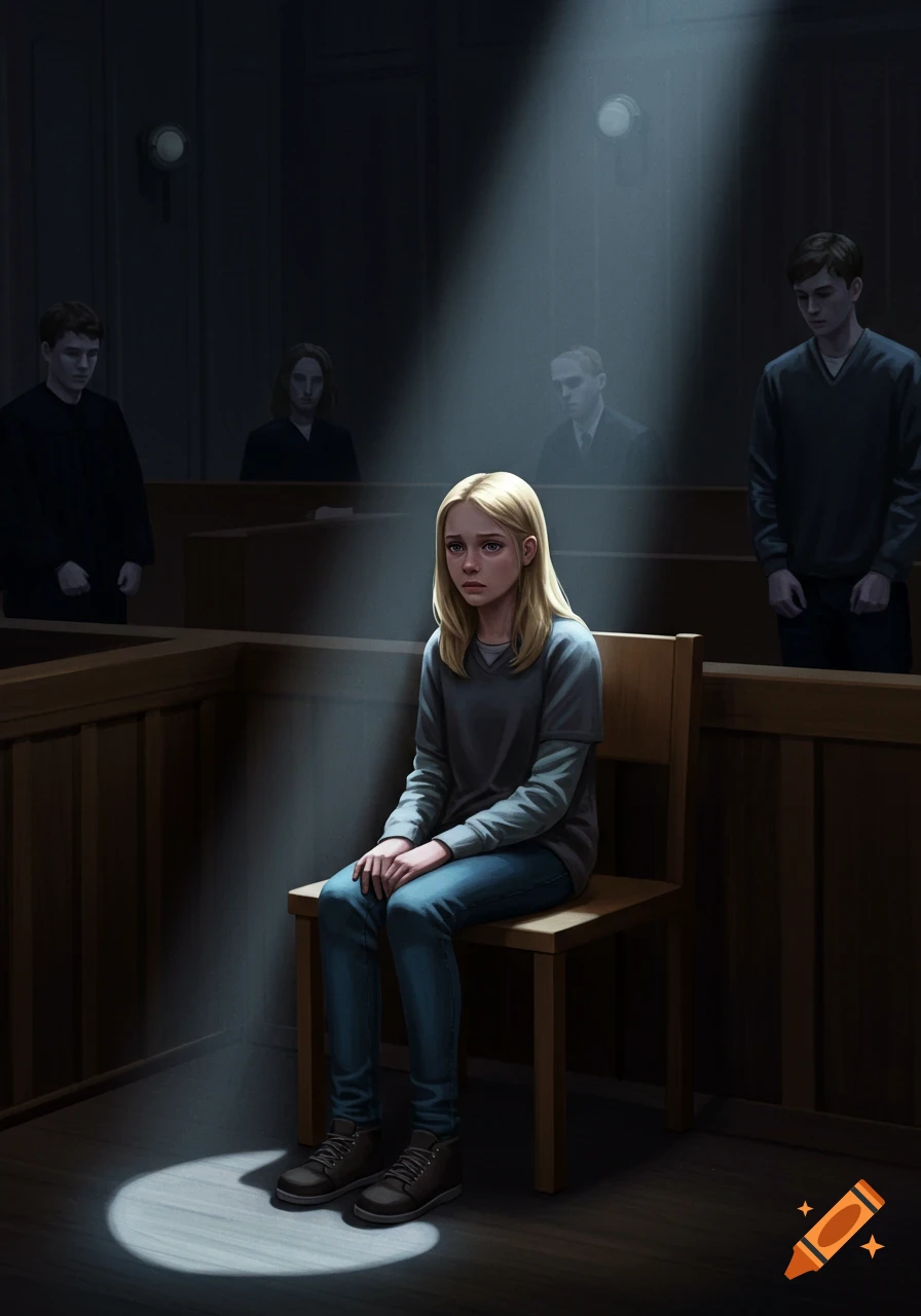 A blonde teenage girl sits alone on a witness stand under a spotlight in a dimly lit courtroom, with figures in shadow behind her.