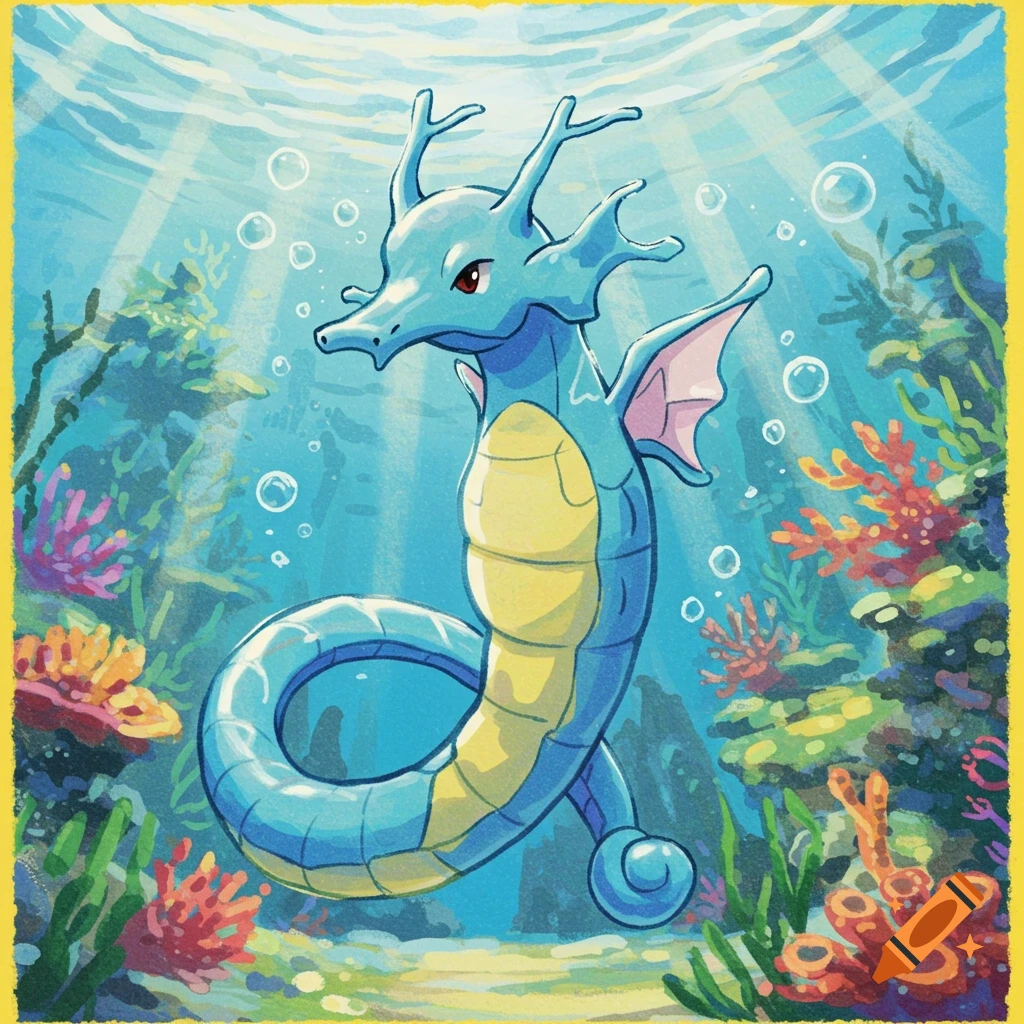 A blue and yellow Kingdra Pokémon swims in an underwater scene with colorful coral and plants, with light rays from above, in a painterly style.