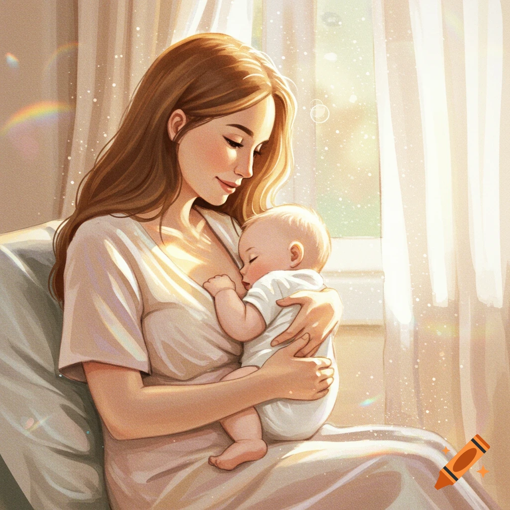 Illustrated watercolor of a mother tenderly breastfeeding her baby in warm, bright light.